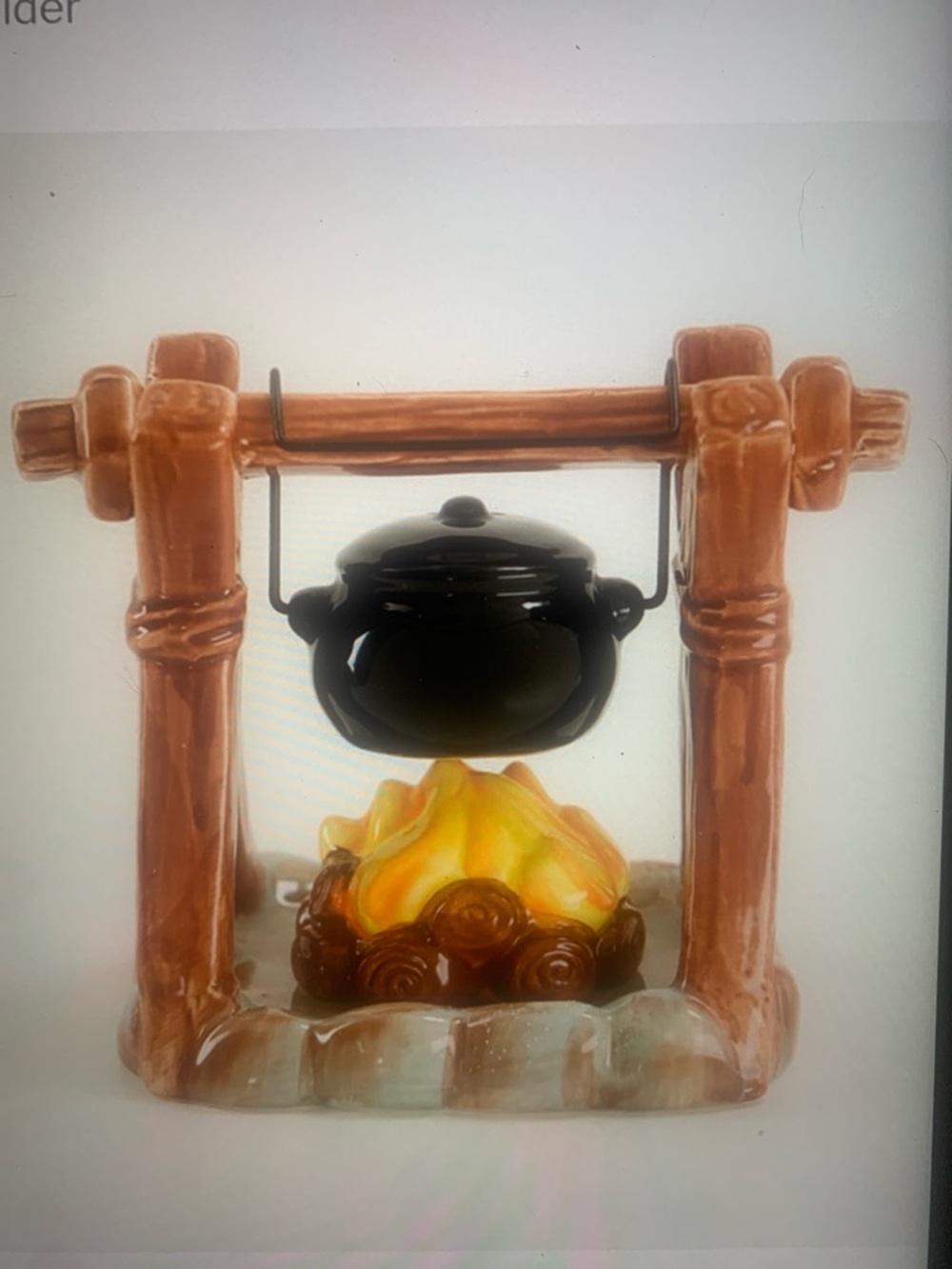 Cracker Barrel Ceramic Campfire Kettle Warmer - Brown & Black & Yellow